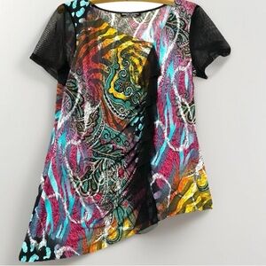 Simon Chang Women XL Abstract Animal Print Sleeveless Sheer Black Ruffle Shirt